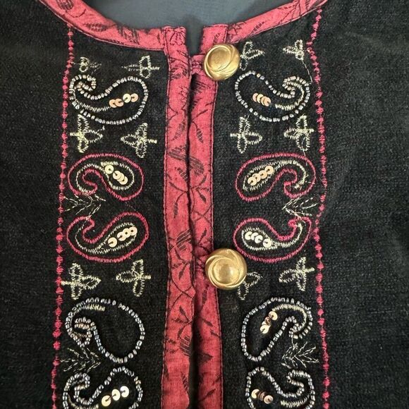 WHITE STAG vintage Black CHENILLE w/Satin Trim BEADED SEQUINS Button jacket XL - Picture 5 of 7